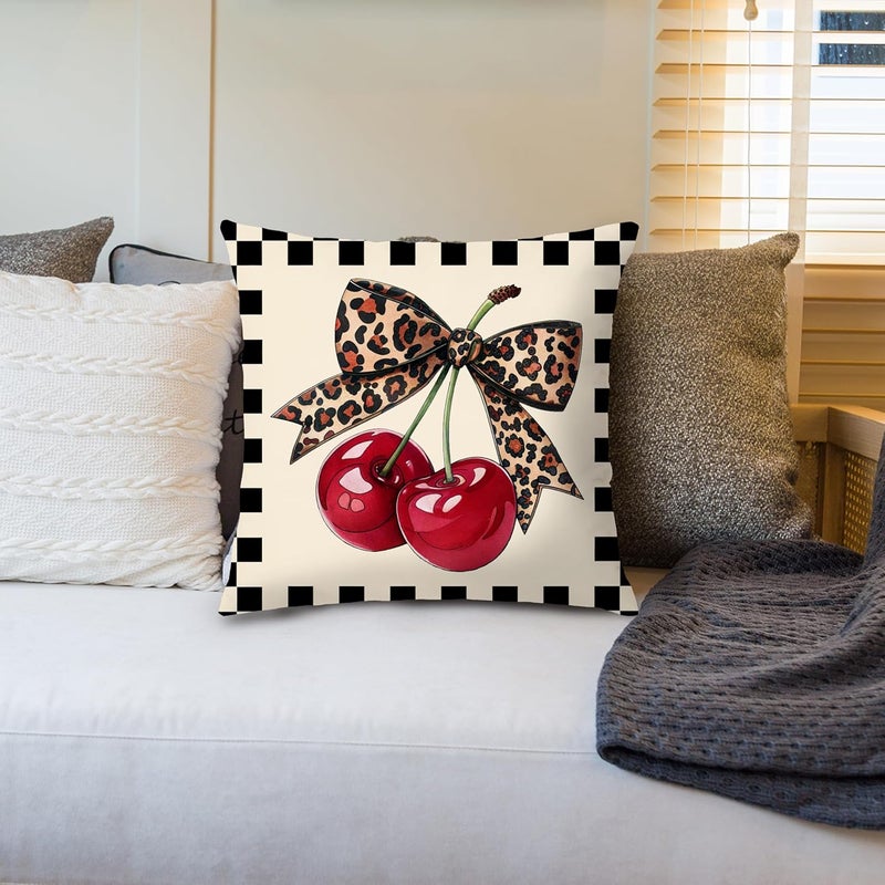 Nipil Trendy Coquette Leopard Print Bow Cherry Pillow Covers 18x18 Double-Sided, Cheetah Leopard Print Room Decor, Funky Y2K Retro Checkered Throw Pillow Covers for Girls Room Dorm Apartment - Image 4
